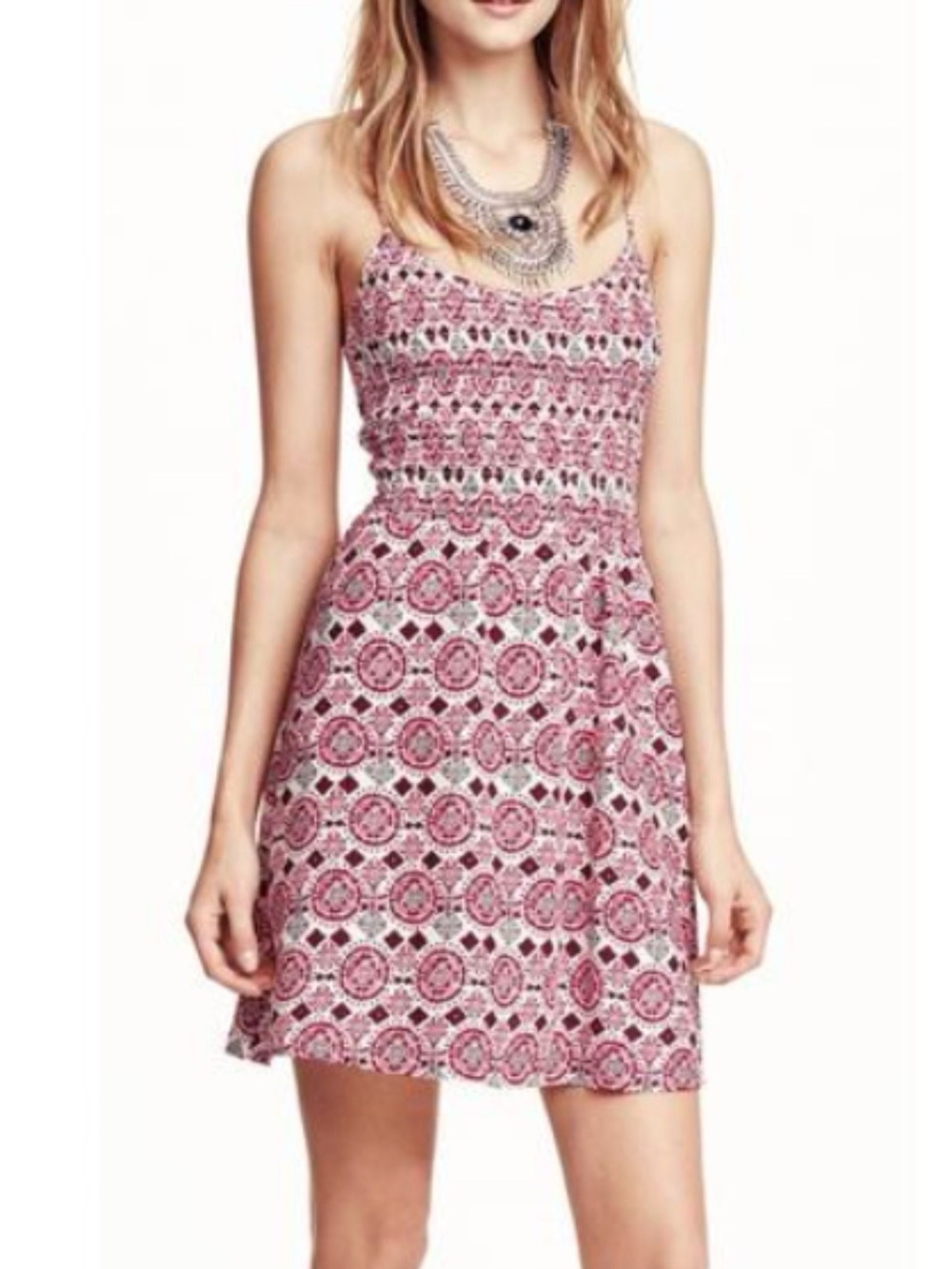 H&M Pink Printed Smocked Bodice Mini Dress